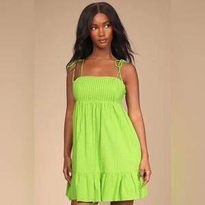 Lulus Dreamgirl Lime Green Pleated Tie-Shoulder Babydoll Mini Dress